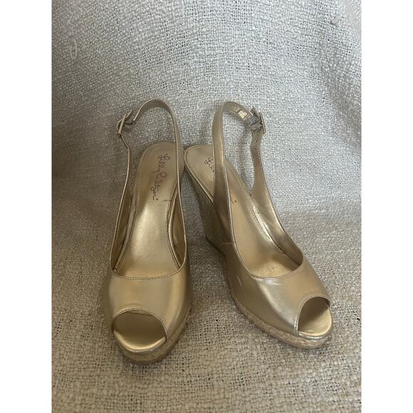 Lilly Pulitzer Gold Metallic Kristin Slingback Wedge Sandals Size 8 - Picture 1 of 11